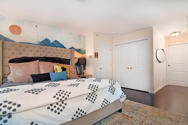 201 Hunters Run, Dobbs Ferry, NY 10522 - bedroom with baseboards, a closet, dark wood-style flooring, and wallpapered walls