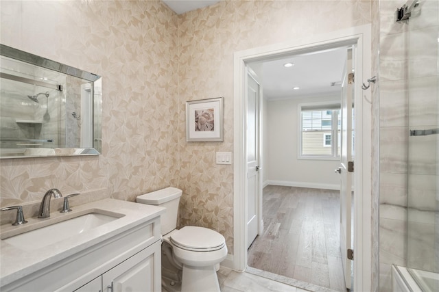 20105 Aspenwood Dr, Plainview, NY 11803 - bathroom featuring a shower with door, toilet, vanity, wood finished floors, and baseboards