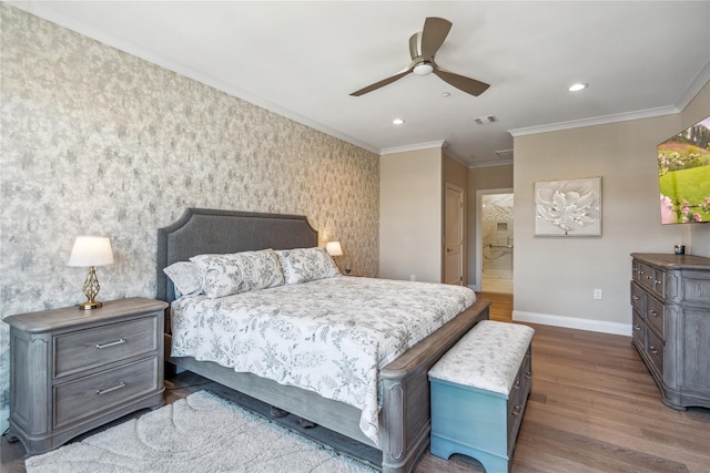 20105 Aspenwood Dr, Plainview, NY 11803 - bedroom with baseboards, wood finished floors, ornamental molding, recessed lighting, and wallpapered walls