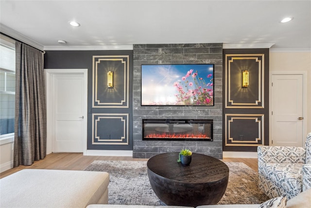 20105 Aspenwood Dr, Plainview, NY 11803 - living room featuring crown molding, a large fireplace, wood finished floors, recessed lighting, and baseboards