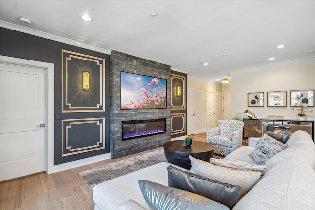 20105 Aspenwood Dr, Plainview, NY 11803 - living room featuring crown molding, wood finished floors, a large fireplace, recessed lighting, and baseboards