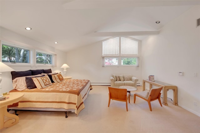 bedroom featuring light carpet, a baseboard heating unit, vaulted ceiling, and multiple windows