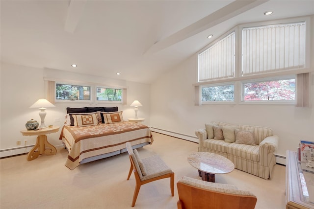 carpeted bedroom with recessed lighting, baseboards, lofted ceiling, and baseboard heating