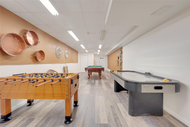 playroom featuring baseboards, billiards, and wood finished floors