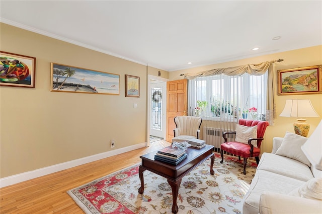 487 Emerson Pl, Valley Stream, NY 11580 - living area with radiator heating unit, baseboards, ornamental molding, and light wood-type flooring
