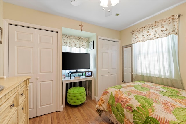 487 Emerson Pl, Valley Stream, NY 11580 - bedroom featuring a ceiling fan, multiple closets, and light wood finished floors