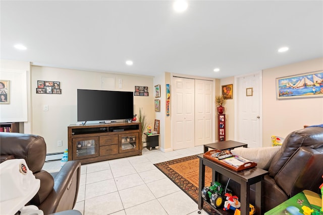 487 Emerson Pl, Valley Stream, NY 11580 - living area with light tile patterned floors, baseboard heating, and recessed lighting