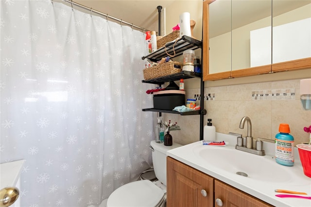 487 Emerson Pl, Valley Stream, NY 11580 - bathroom with vanity, decorative backsplash, curtained shower, toilet, and tile walls