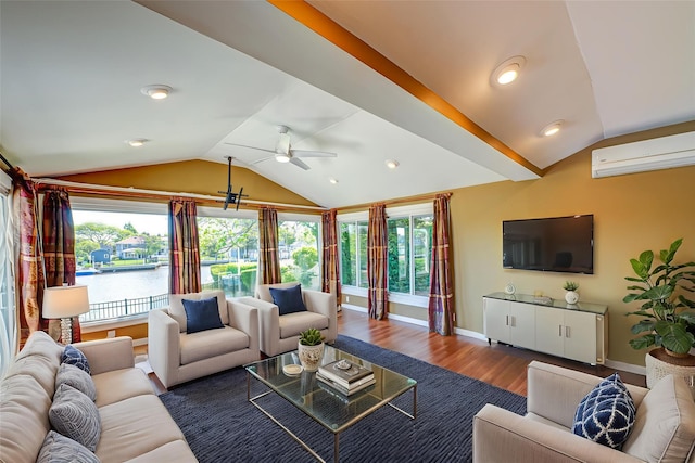 137 Melbury Rd, Babylon, NY 11702 - living room featuring lofted ceiling, a wall mounted AC, a ceiling fan, wood finished floors, and a water view