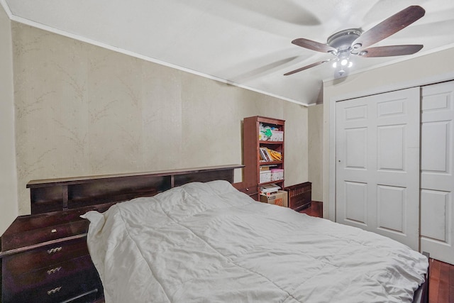 bedroom featuring ceiling fan, ornamental molding, a closet, and wood finished floors