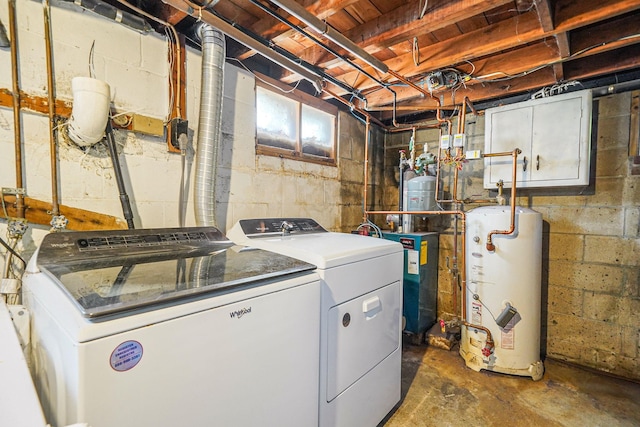 laundry room featuring laundry area, water heater, and washer and dryer