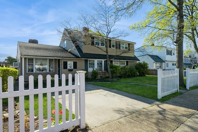 view of front of property with a gate, a fenced front yard, a front yard, and a chimney