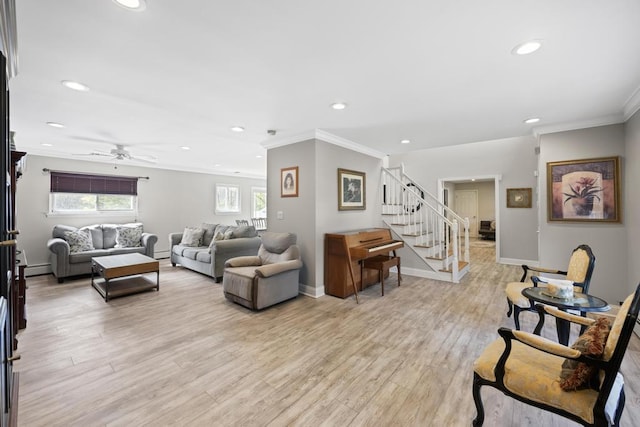 living area featuring stairway, crown molding, light wood-style floors, and recessed lighting