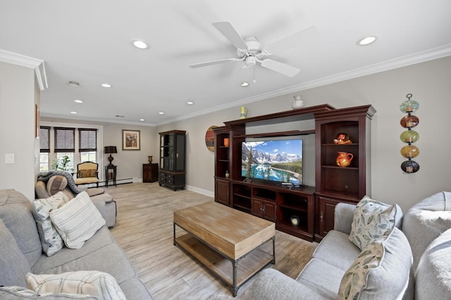 living area with crown molding, baseboards, recessed lighting, a ceiling fan, and light wood finished floors