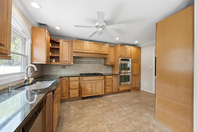 kitchen featuring visible vents, ornamental molding, stainless steel double oven, a sink, and backsplash