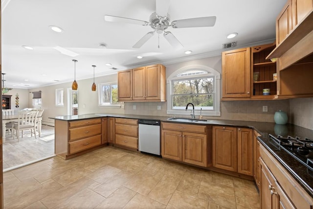 kitchen featuring crown molding, stainless steel dishwasher, a sink, a peninsula, and recessed lighting