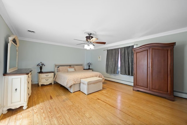 bedroom featuring a ceiling fan, visible vents, crown molding, light wood-type flooring, and a baseboard heating unit