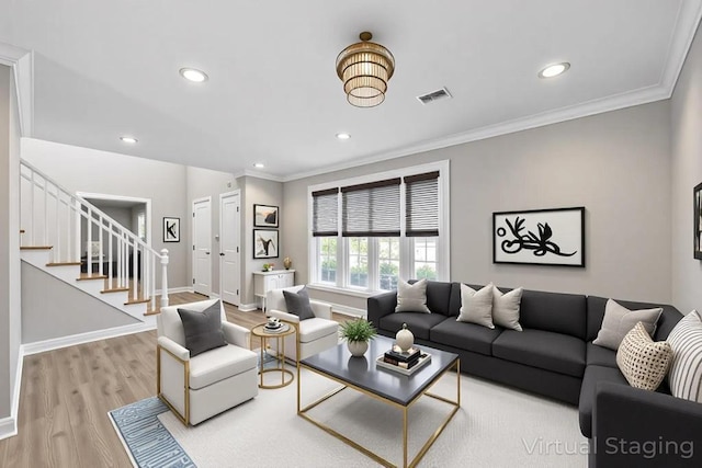 4 Ficus St, Port Jefferson Station, NY 11776 - living area with stairway, baseboards, wood finished floors, recessed lighting, and ornamental molding