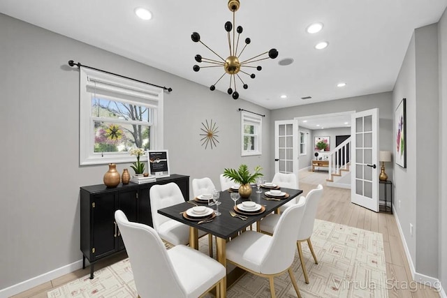 4 Ficus St, Port Jefferson Station, NY 11776 - dining room with french doors, recessed lighting, baseboards, a chandelier, and stairway