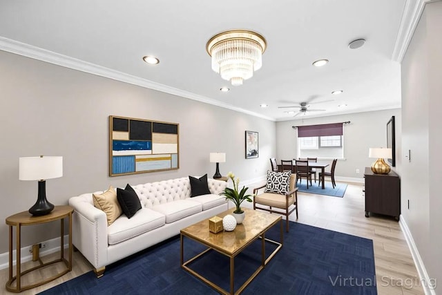 4 Ficus St, Port Jefferson Station, NY 11776 - living area with ornamental molding, baseboards, recessed lighting, a ceiling fan, and light wood-type flooring
