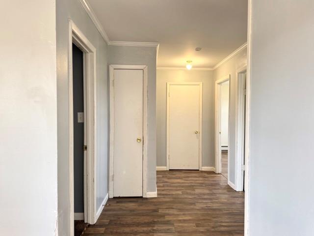 hall featuring baseboards, ornamental molding, and dark wood-style flooring
