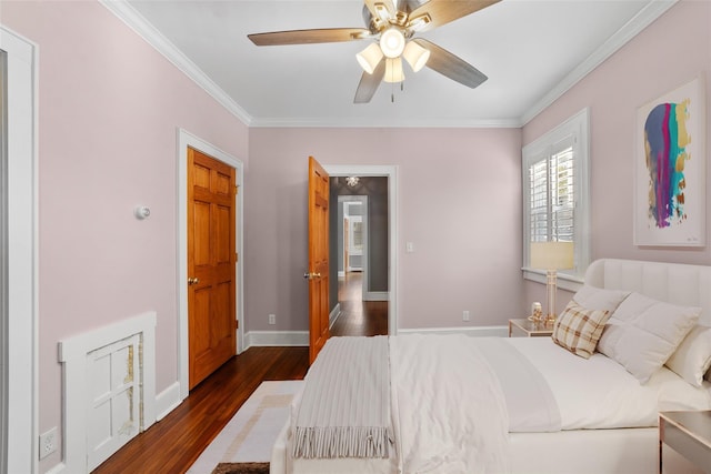 15 Elmore Ave, Croton-On-Hudson, NY 10520 - bedroom featuring crown molding, dark wood-type flooring, baseboards, and ceiling fan