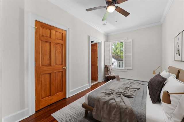 15 Elmore Ave, Croton-On-Hudson, NY 10520 - bedroom featuring a baseboard radiator, crown molding, dark wood finished floors, baseboards, and a ceiling fan