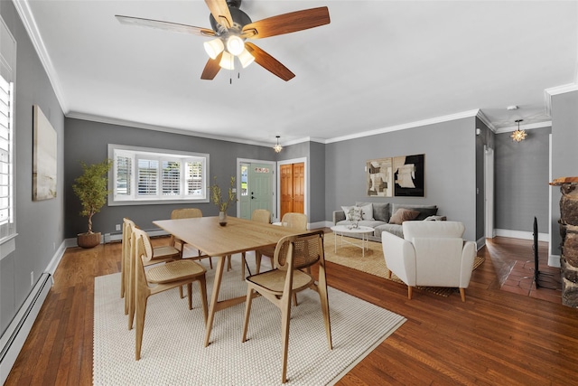 15 Elmore Ave, Croton-On-Hudson, NY 10520 - dining area with baseboard heating, wood finished floors, crown molding, a ceiling fan, and baseboards