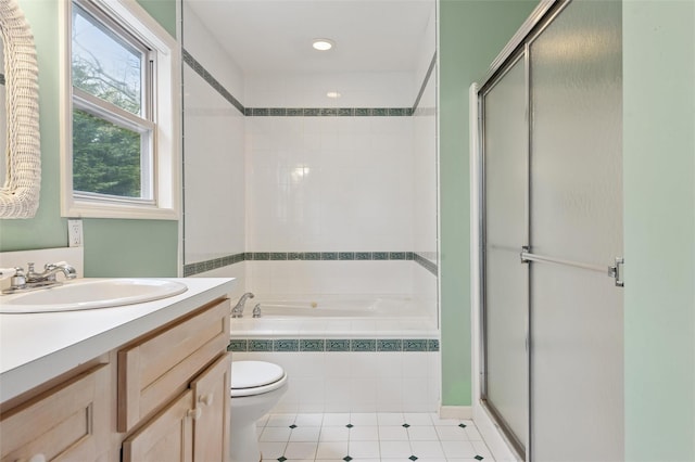 2 Heather Dr, Remsenburg, NY 11960 - bathroom with vanity, recessed lighting, tile patterned flooring, a relaxing tiled tub, and an enclosed shower
