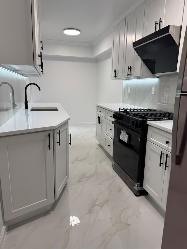 kitchen featuring a sink, extractor fan, marble finish floor, ornamental molding, and black gas range