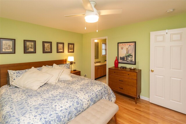 bedroom featuring light wood-style flooring and a ceiling fan