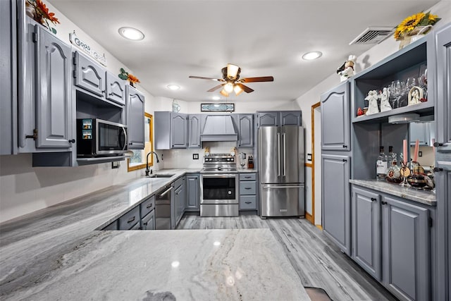 kitchen featuring a sink, stainless steel appliances, gray cabinets, visible vents, and custom exhaust hood