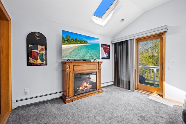 unfurnished living room featuring lofted ceiling with skylight, a baseboard radiator, a glass covered fireplace, and carpet floors
