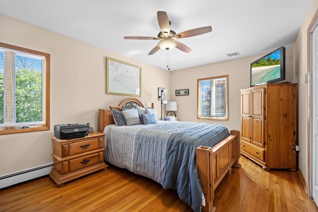 bedroom featuring a ceiling fan, light wood finished floors, baseboard heating, and visible vents