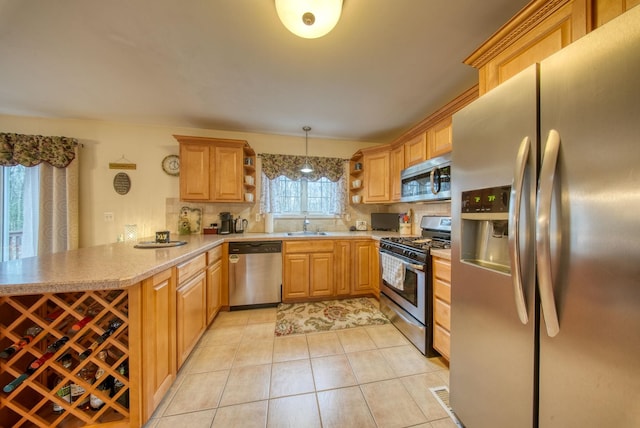 83 Split Rock Dr, Barryville, NY 12719 - kitchen featuring open shelves, a peninsula, a sink, light tile patterned floors, and stainless steel appliances