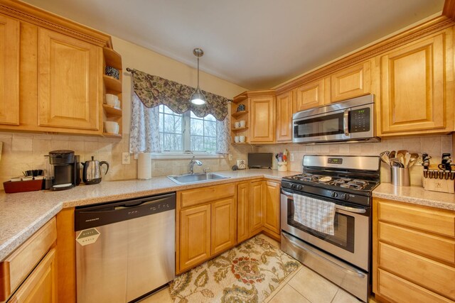 83 Split Rock Dr, Barryville, NY 12719 - kitchen with a sink, appliances with stainless steel finishes, open shelves, and backsplash