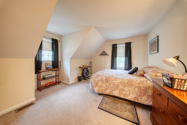 83 Split Rock Dr, Barryville, NY 12719 - bedroom featuring carpet floors, baseboards, vaulted ceiling, and visible vents