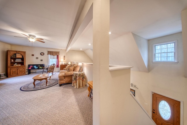 83 Split Rock Dr, Barryville, NY 12719 - living area featuring ceiling fan, carpet flooring, and beam ceiling