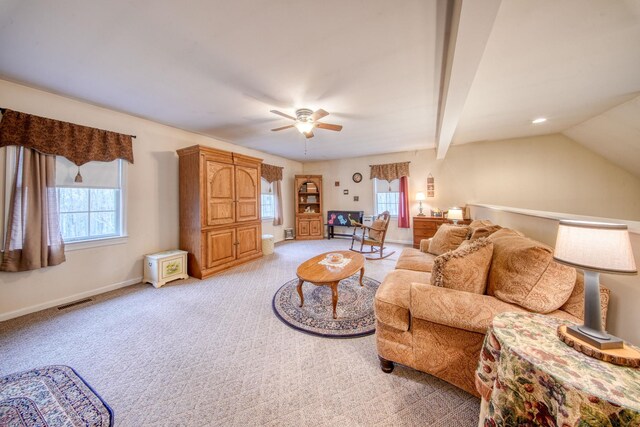83 Split Rock Dr, Barryville, NY 12719 - living room featuring ceiling fan, visible vents, baseboards, lofted ceiling, and light carpet