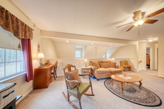 83 Split Rock Dr, Barryville, NY 12719 - living room featuring a ceiling fan, baseboards, and light colored carpet
