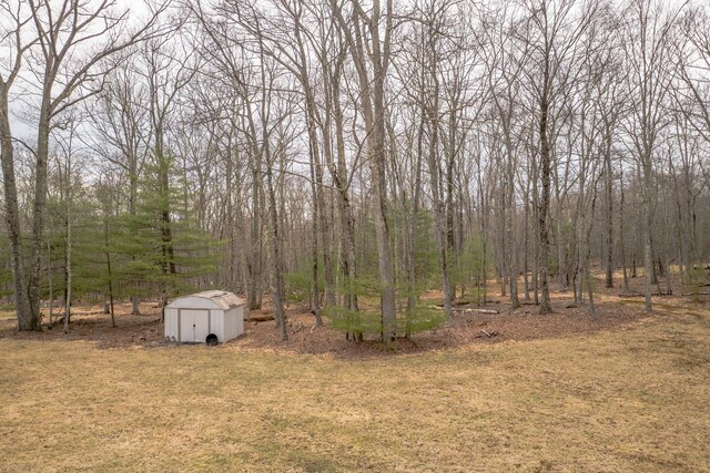 83 Split Rock Dr, Barryville, NY 12719 - view of yard with a storage shed, a forest view, and an outdoor structure
