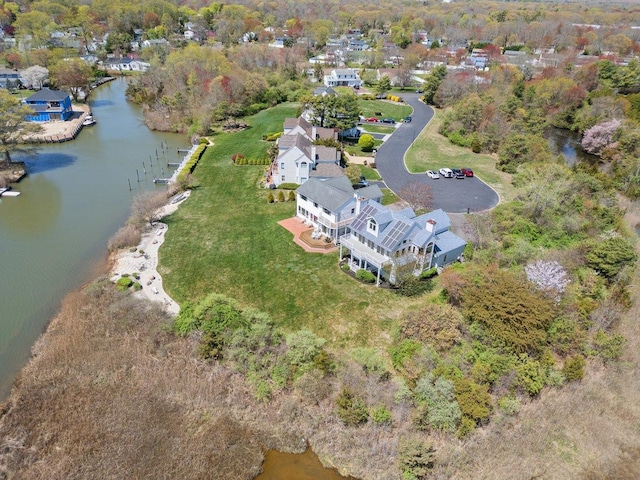 aerial view featuring a water view and a residential view