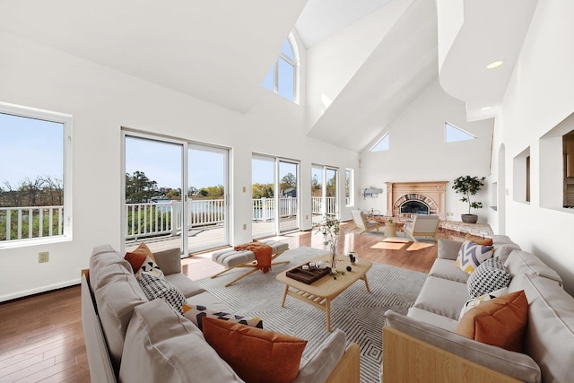 living room with plenty of natural light, a fireplace with raised hearth, hardwood / wood-style floors, and high vaulted ceiling