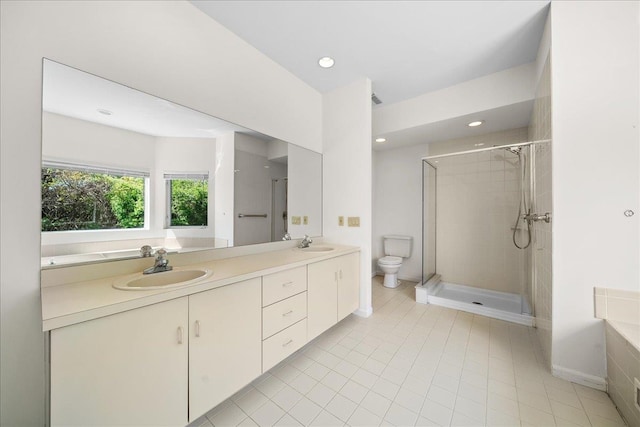 bathroom featuring double vanity, toilet, a shower stall, and a sink