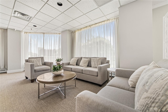 carpeted living area with a wealth of natural light, a drop ceiling, a baseboard radiator, and visible vents