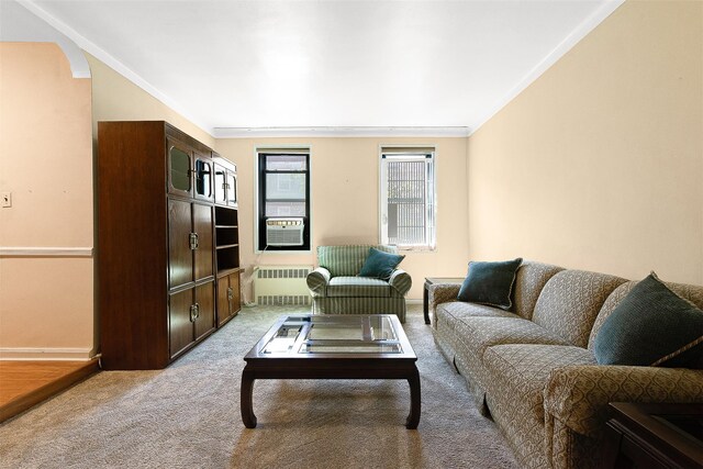living room featuring carpet floors, ornamental molding, baseboards, and radiator heating unit