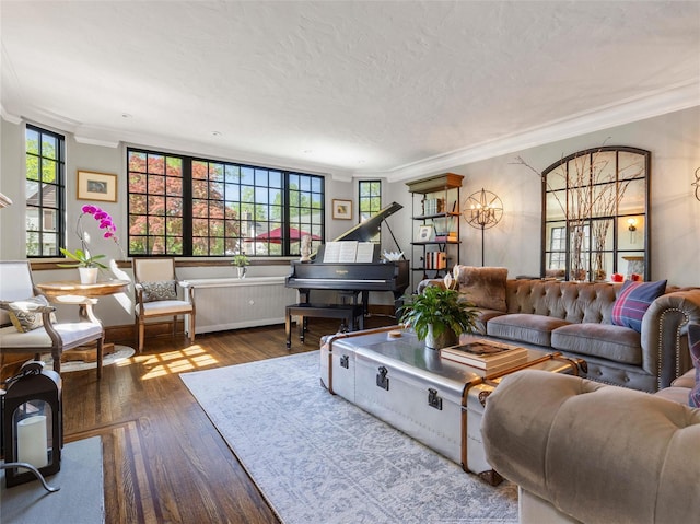 living area featuring crown molding, wood finished floors, and a notable chandelier