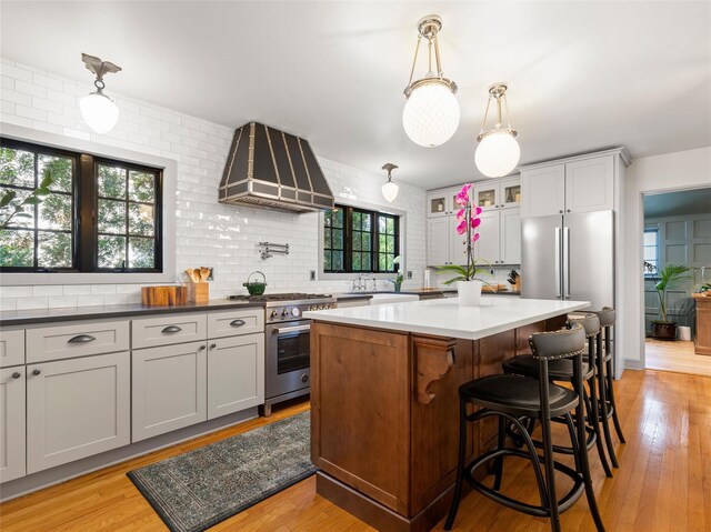 kitchen with a kitchen island, glass insert cabinets, premium range hood, light wood finished floors, and stainless steel appliances