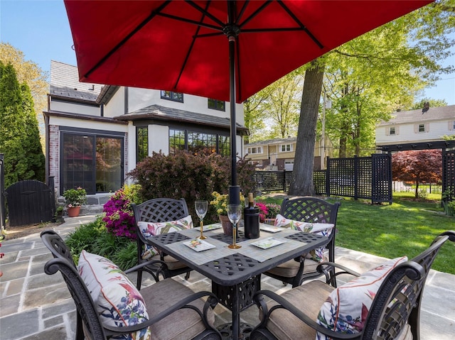 view of patio featuring fence and outdoor dining space