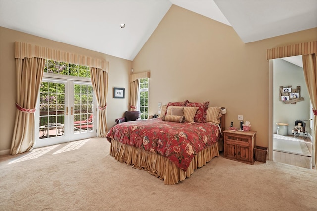 bedroom featuring high vaulted ceiling, carpet, and access to exterior